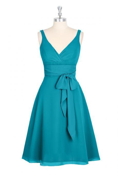 A-line V-neck Chiffon Short Backless Turquoise Homecoming Dress Bridesmaid Dress With Sash