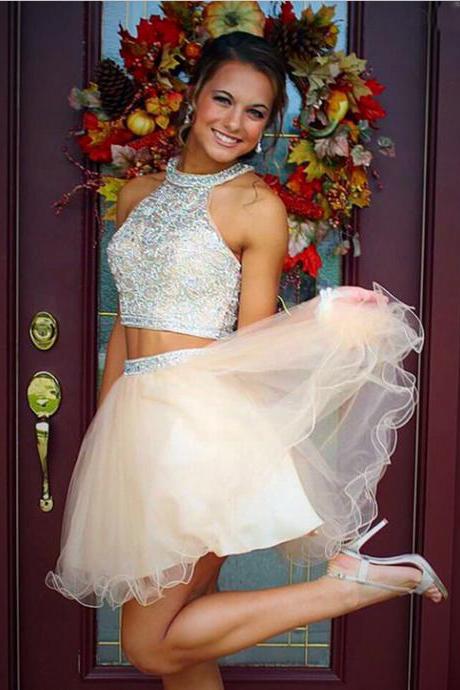 Two Piece Tulle Champagne Beaded Homecoming Dress,prom Dress,graduation Dress