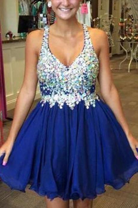 Royal Blue V-neck Chiffon Beading Homecoming Dress,prom Dress,graduation Dress