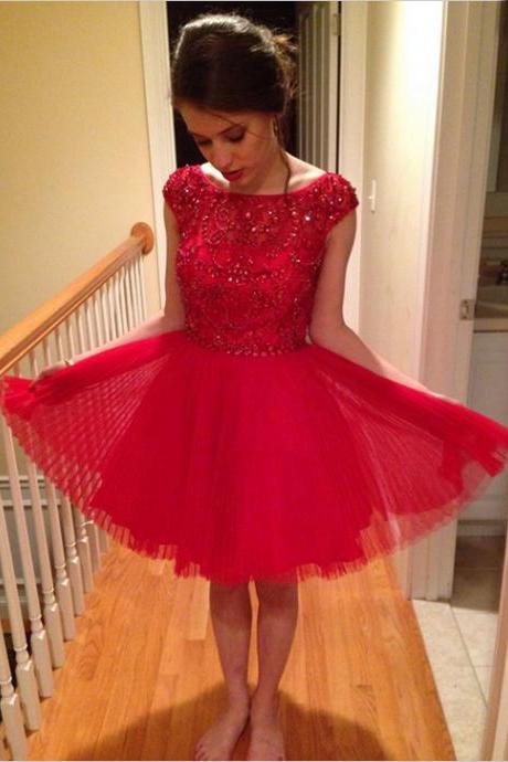 Cap Sleeves Tulle Red Beading Homecoming Dress,prom Dress,graduation Dress