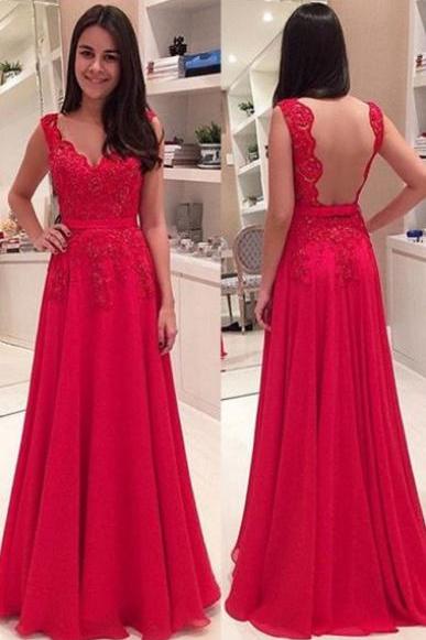 Elegant V-neck Lace Backless Red Custom Made Prom Dresses, Floor-length Evening Dress,prom Dresses