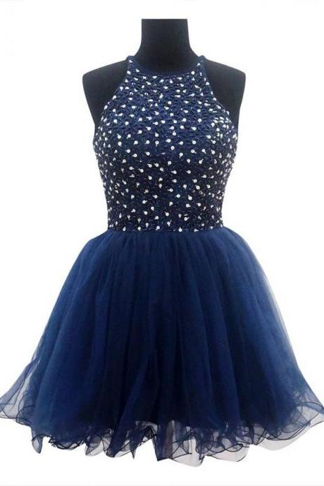 Navy Blue A-line Halterneck Tulle Dress With Beaded Bodice - Homecoming Dress, Short Prom Dress, Graduation Dress, Party Dress