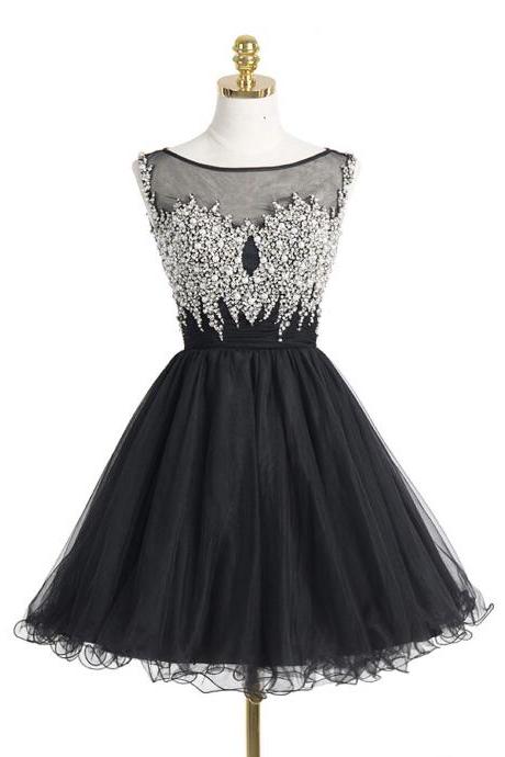 Black Crystal Beaded Homecoming Dress With Illusion Neckline