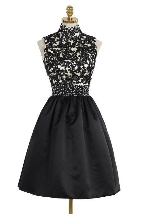 Short High Neck Sleeveless Open Back Satin Dress With Lace And Beads Bodice - Homecoming Dress, Evening Dress