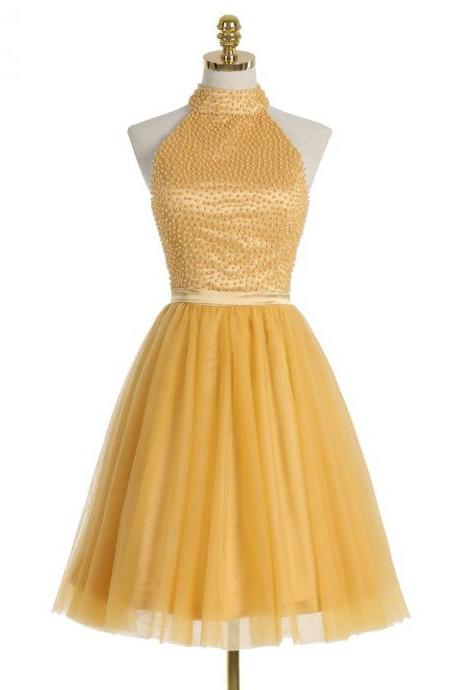 Halter Neck A-line Tulle Homecoming Dress With Beaded Embellishment