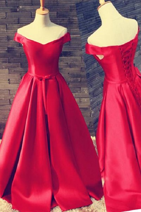 Beautiful Red Off Shoulder Long Satin A Line Prom/evening Dress
