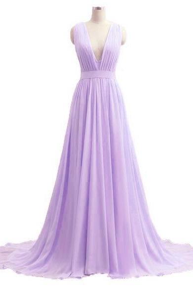 Lavender V-neckline Chiffon Floor Length Pleated Prom Dress