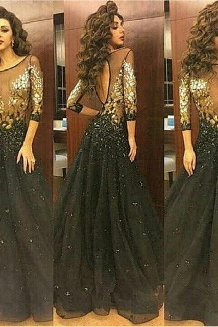 Long Prom Dresses,black Evening Dresses,beaded Crystals Party Dresses,long Proml Gowns,evening Dresses For Woman