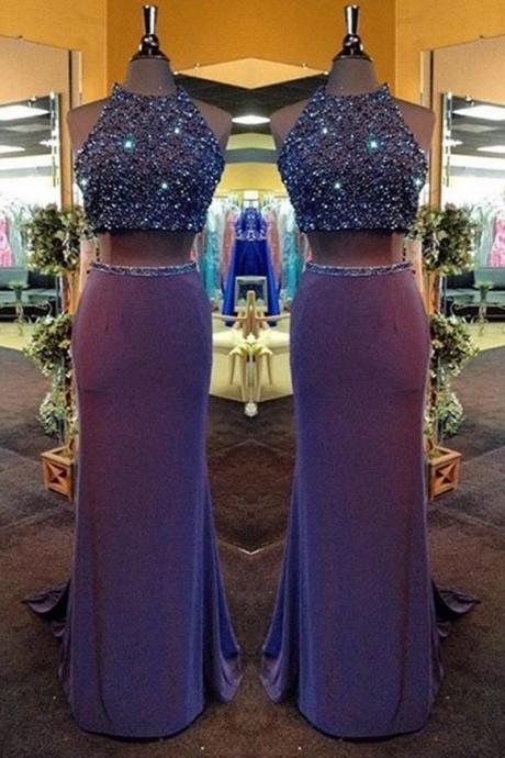 Two Piece Prom Dresses,Purple Evening Dress,Sheath Crew Neck Prom Dresses,Beading Formal Dress