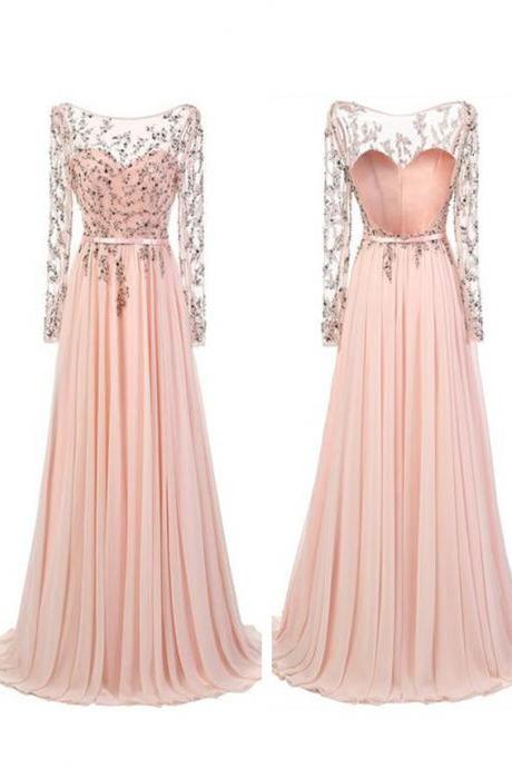 A-line Long Sleeves Prom Dresses,floor Length Pink Chiffon Prom/evening Dress