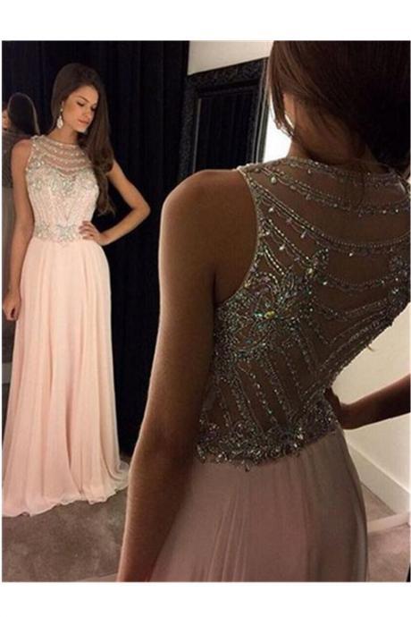 A-Line Scoop Prom Dress,Sleeveless Chiffon Dusty Pink Long Prom Dress with Beads Stones and Crystals