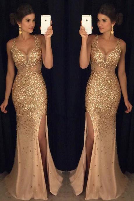 Beading Gold Long Prom Dress,sexy Long Crystal Beaded Prom Dress With Slit, Mermaid Prom Dresses Evening Gown