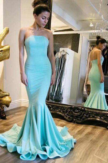 Mermaid Turquoise Prom Dress,simple Strapless Prom Dress,sleeveless Sweep Train Party Dresses