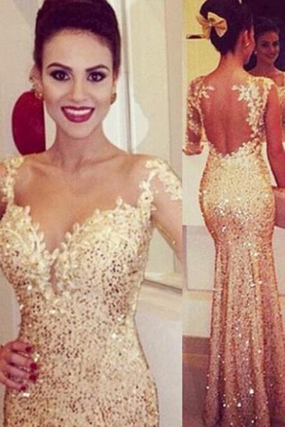 Mermaid Sweetheart Prom Dress,trumpet Long Sleeves Gold Backless Tulle Evening/prom Dress With Appliques,sequined Prom Dress