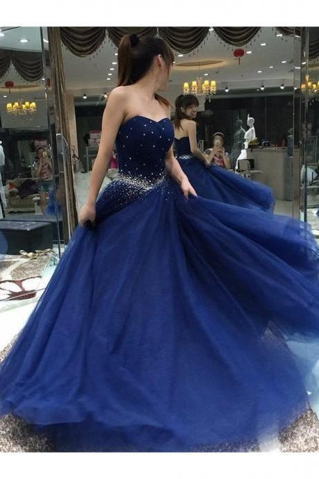 Beaded Long Prom Dress,blue Prom Dresses,2017 Prom Dress,strapless Sweetheart Prom Dresses