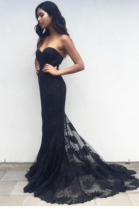 Black Lace Strapless Prom Dress,sweetheart Party Gown Cocktail Formal Dress,evening Dress
