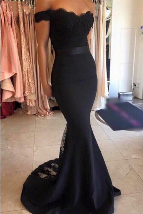Mermaid Off The Shoulder Prom Dresses,black Long Prom Dress With Sash