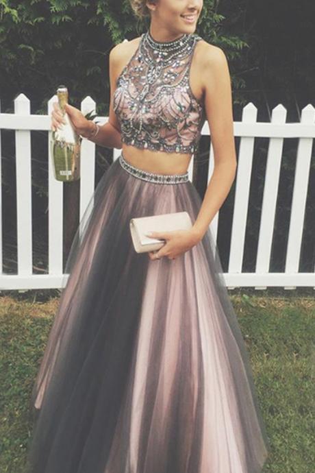 Two Piece Prom Dress,high Neck Long Rhinestone Grey Tulle Prom Dress With Beading