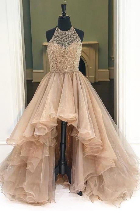 Prom Dress,champagne High-low Prom Dress Featuring Halter Neck Bodice,prom Gowns