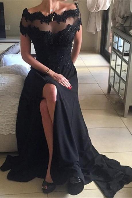 A-line Off The Shoulder Split Long Black Prom Dress With Lace Beading,short Sleeves Chiffon Prom Gown