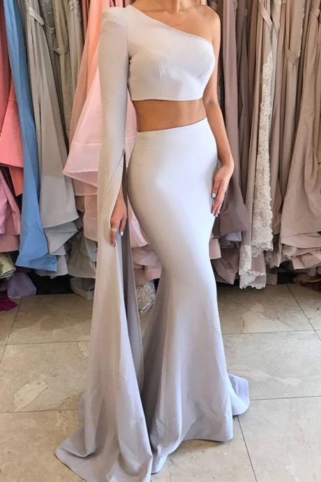Special Two Piece Prom Dress,one Shoulder Prom Dress,long Sleeves Satin Prom Dress,light Grey Mermaid Prom Dress