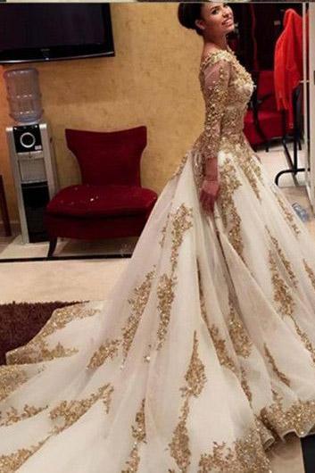 Fashion Sexy Gold Appliques Evening Dresses,pageant Prom Gowns,beading Long Sleeves Prom Dress