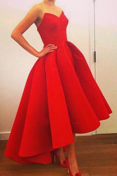 A-line High Low Red Prom Dresses,sweetheart Strapless Evening Dresses,prom Dress 2017