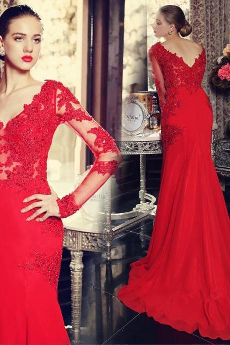Sexy Mermaid Prom Dress,Long Sleeves Red Sweep Train Prom Dresses With Lace Appliques