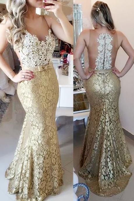 2017 Sheer Illusion Mermaid Sleeveless Long Evening Gowns With Bow,gold V-neck Prom Dresses