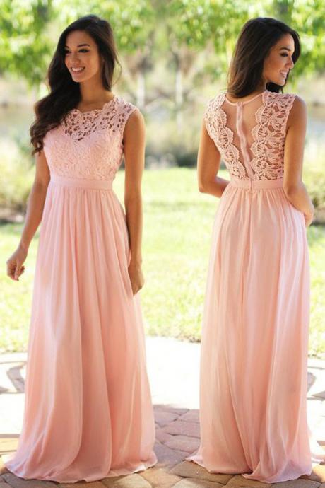 Pink Sleeveless Prom Dress,a-line Lace Prom Gown,chiffon Evening Dresses 2017