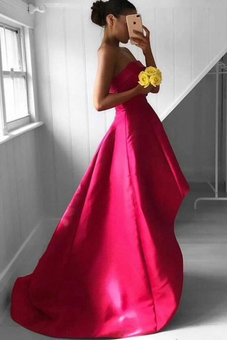 Long Strapless Prom Dresses,high Low Prom Dress,fuchsia Pleated Prom Dress,sleeveless Prom Gown
