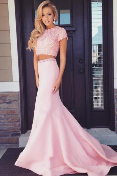 Two Piece Prom Dress,Mermaid Pink Beading Prom Dresses,Open Back Satin Prom Dress with Cap Sleeve