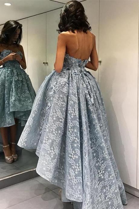 Fashion Sweetheart Sleeveless Prom Dress,High Low Grey Lace Prom Dresses with Appliques
