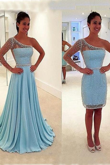Two Pieces Detachable Prom Dress 2017 With High Slit,one Shoulder Long Sleeve Prom Dresses