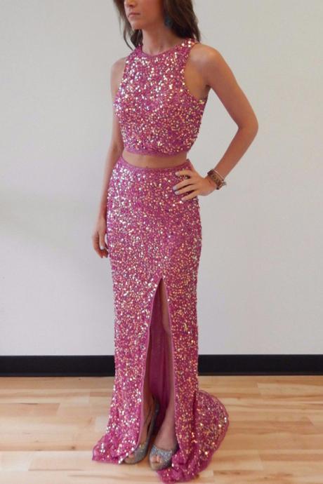 Two Piece Sequined Prom Dress,mermaid Scoop Split Sleeveless Sweep Train Fuchsia Party Dress With Sequins