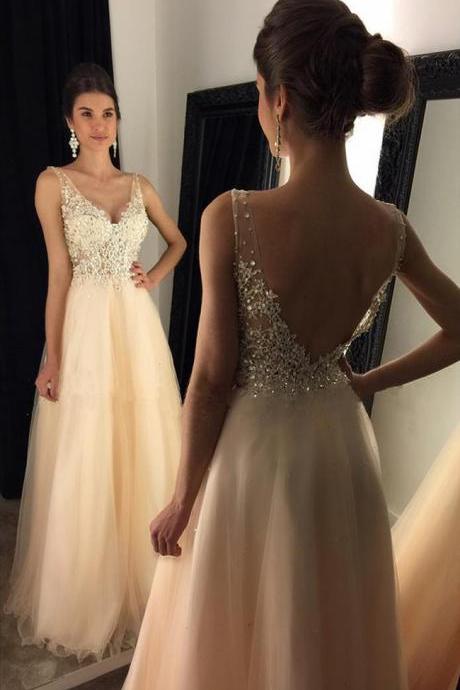 Newest V-neck Appliques Prom Gown,beaded Long A-line Beige Tulle Prom Dresses 2017