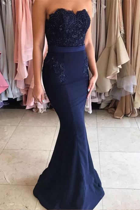 Navy Blue Long Strapless Mermaid Appliques Long Prom Dress, 2017 Woman Evening Dress