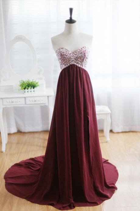 A Line Sweetheart Maroon Sweep Train Prom Dresses,Strapless Formal Dresses,Evening Dresses