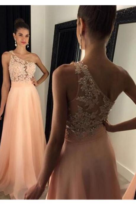 One Shoulder See Through Back Prom Dress,charming Chiffon Beading Evening Dress,peach Chiffon Prom Gown