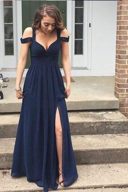 Sexy Navy Blue Prom Dress With Slit,long Graduation Dresses,chiffon Formal Dress For Teens