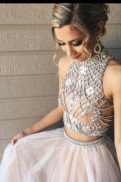 Two Piece Prom Dresses,a Line Tulle Prom Dress With Beads,fashion High Neck Prom Dress