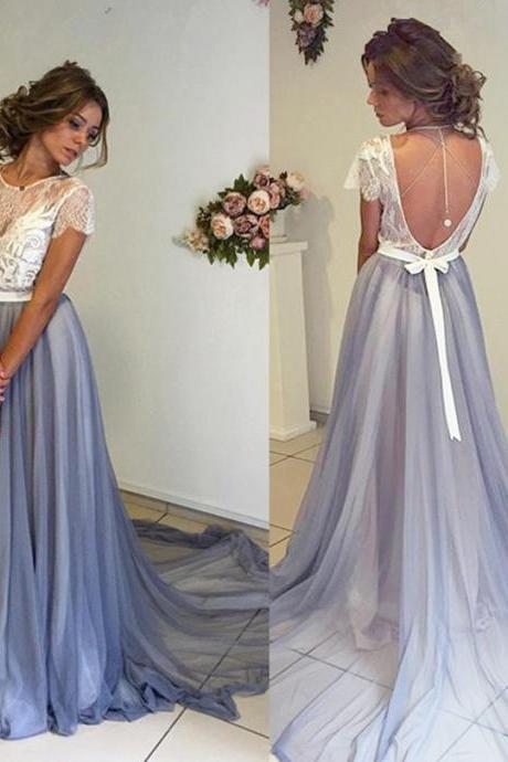 A-line Prom Dress,chiffon Prom Dress With Lace,short Sleeves Backless Evening Dresses