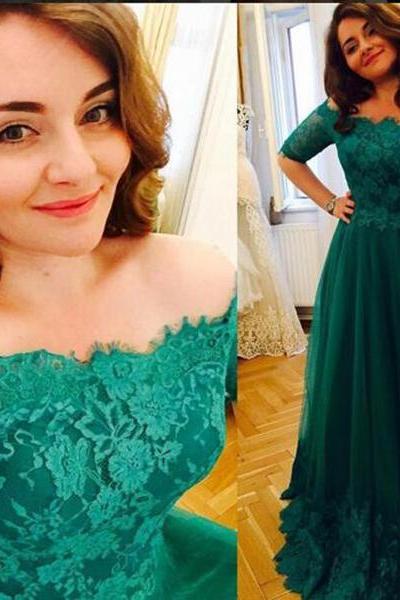 A Line Tulle Prom Dress,short Sleeves Prom Dresses,off The Shoulder Appliques Evening Dress