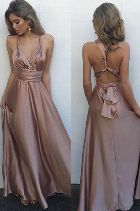 Sexy V-neck Sleeveless Prom Dresses,floor Length Prom Dress With Pleats,formal Evening Dress With Crisscross Back