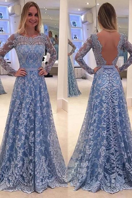 A Line Jewel Blue Prom Dress With Bowknot,backless Lace Long Sleeves Prom Dresses,sweep Train Long Prom Dress