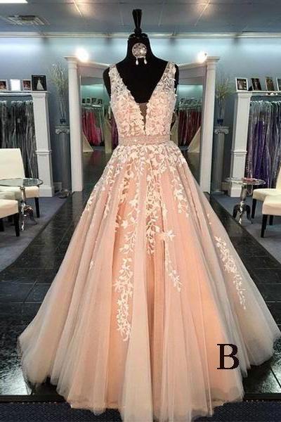 Charming V Neck Prom Dress,sleeveless Prom Dress With Appliques,sexy Long Prom Dresses,a Line Wedding Dresses