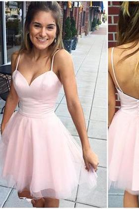 Sexy Short Cute Pink Tulle Mini Prom Dress,spaghetti Straps Prom Dresses,sweetheart Backless Homecoming Dress,junior Prom Dress,party Dress