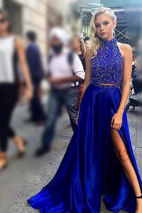 Two Piece Royal Blue Prom Dress,long Prom Dress With Side Slit, 2017 Beading Prom Dresses,high Neck Formal Evening Dress