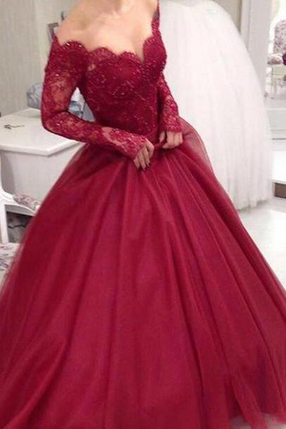 Elegant Wine Red Prom Dress,off Shoulder Long Sleeves Prom Dresses,sexy Tulle Evening Dress 2017