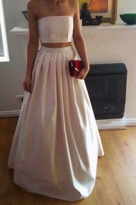 Sexy Two Piece Satin Party Dress,two Pieces Prom Dresses 2017,party Dresses With Pleat,satin Long Formal Gowns